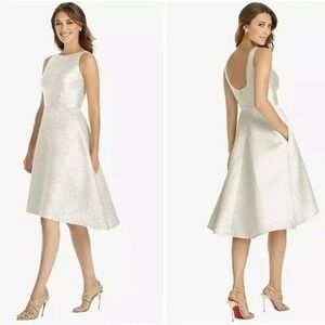 NWT Dessy Collection Sleeveless Circle Dress Bateau Neck 14 Ivory Gold White